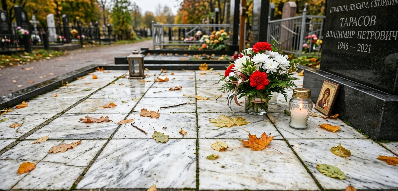 Мраморная плитка на могильном участке в Чусовом