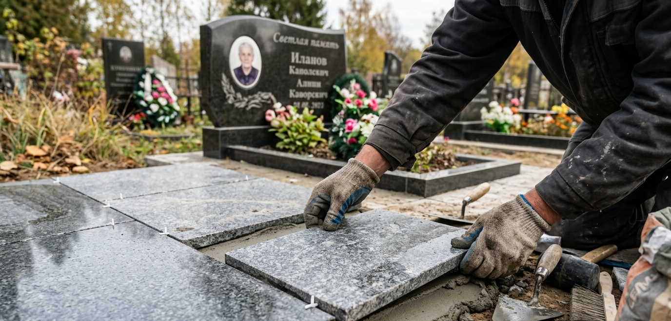 Укладка гранитной плитки на могиле — кладбище Лысьвы