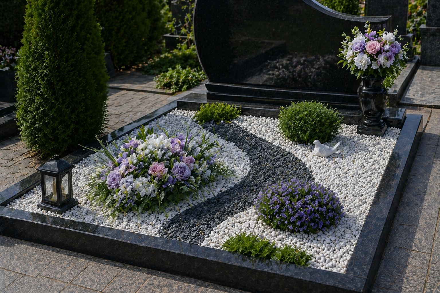 Оформление могилы искусственными цветами и декоративным покрытием на кладбище Чусового