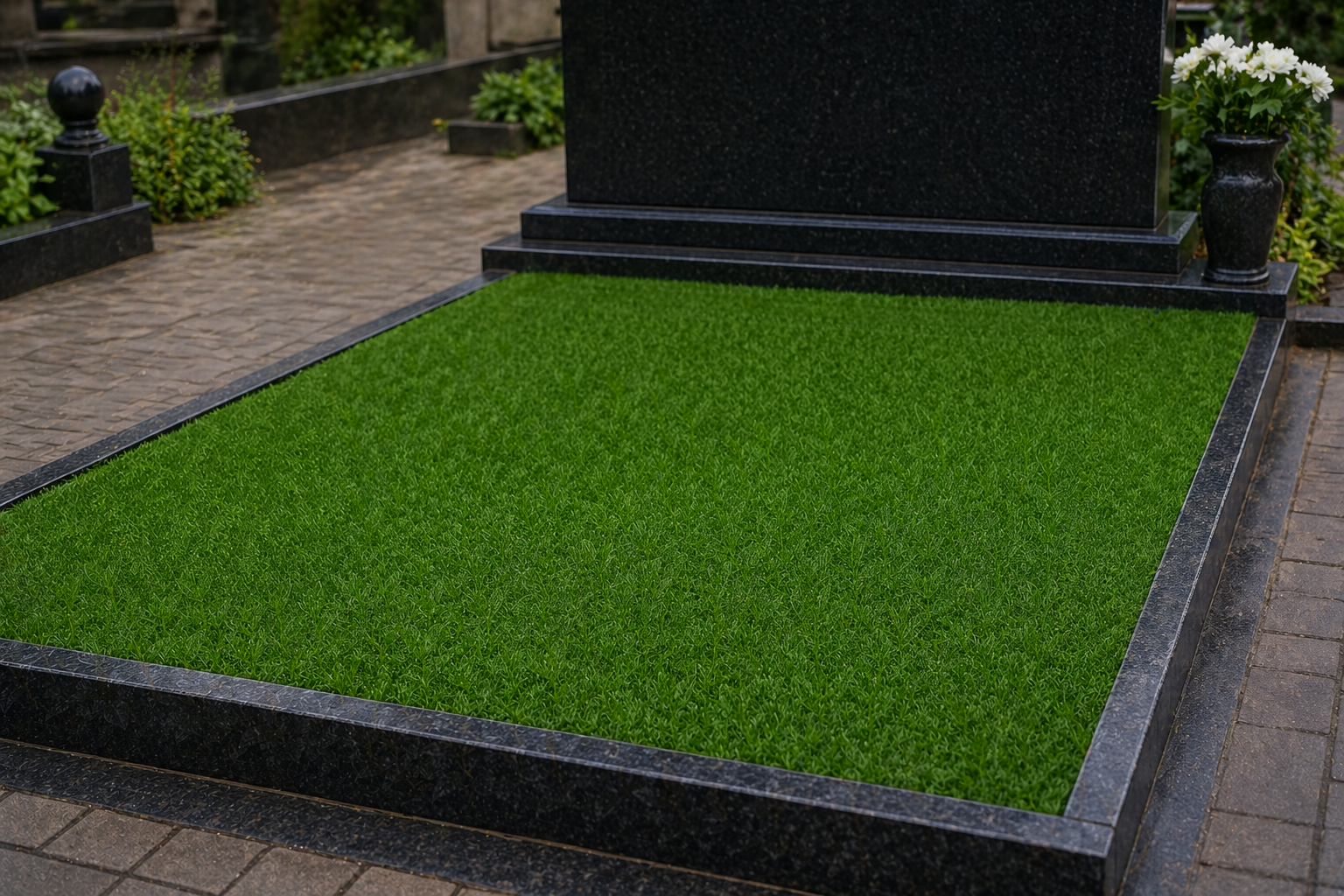 Искусственный газон на могиле — ровное покрытие на геотекстиле, вид после укладки, Чусовой