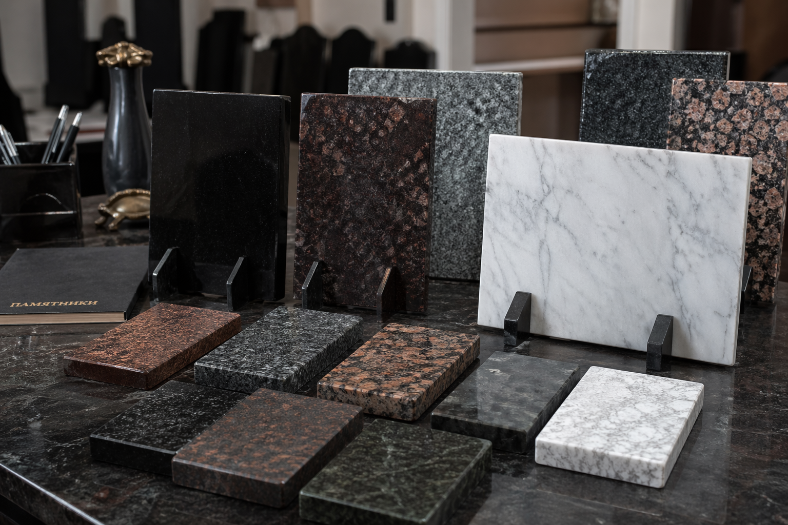 Образцы гранита и мрамора для надгробных памятников в шоу-руме Ритуал-Сервис в Чусовом — сравнение материалов