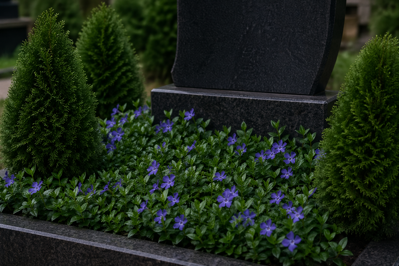 Живые многолетники на могиле на кладбище Чусового — барвинок и туя вокруг надгробия