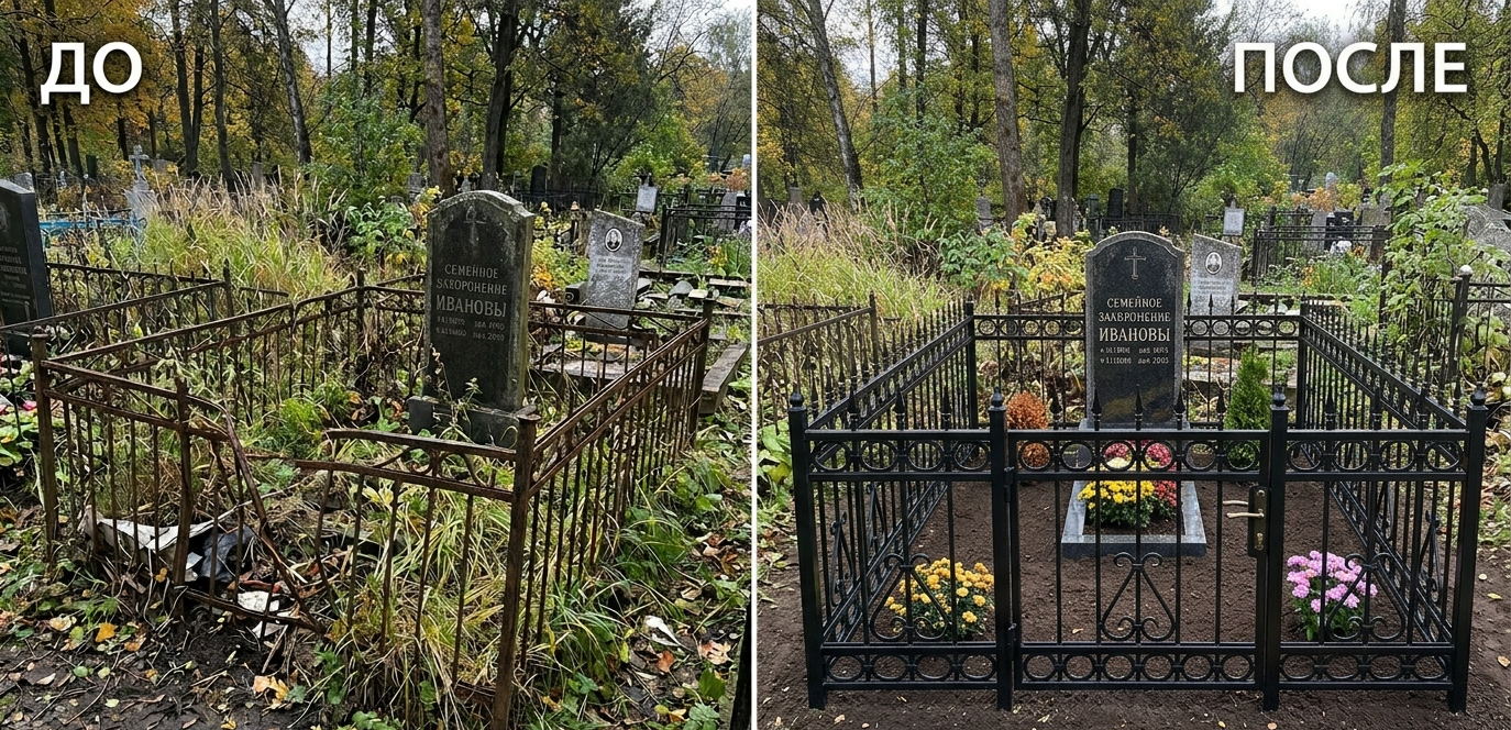 Замена старой ограды на новую на кладбище Лысьвы — до и после