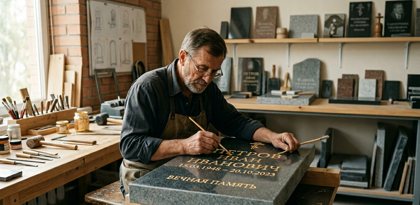 Мастер наносит надпись на надгробие
