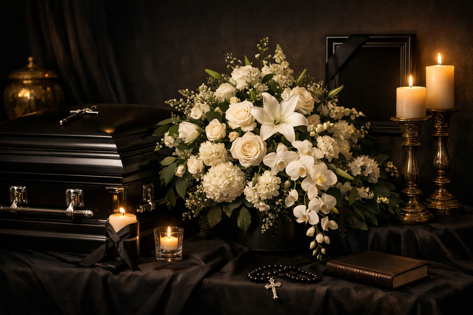 Организация дорогих похорон в Лысьве: изысканная траурная композиция с дорогими цветами, аккуратное оформление, мягкий направленный свет, глубокие тёмные оттенки
