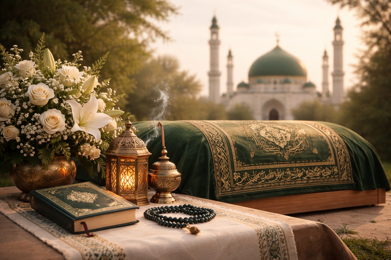 Организация мусульманских похорон в Чусовом: мечеть на фоне, мягкий свет, элементы исламской архитектуры