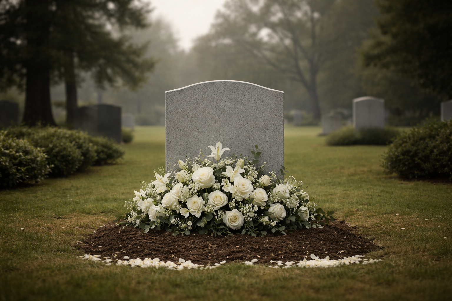 Организация недорогих похорон в Чусовом: скромный памятник с белыми цветами