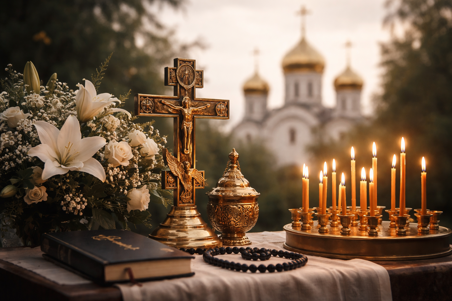 Организация православных похорон в Чусовом: православный храм на фоне, зажжённые свечи, крест, церковная утварь