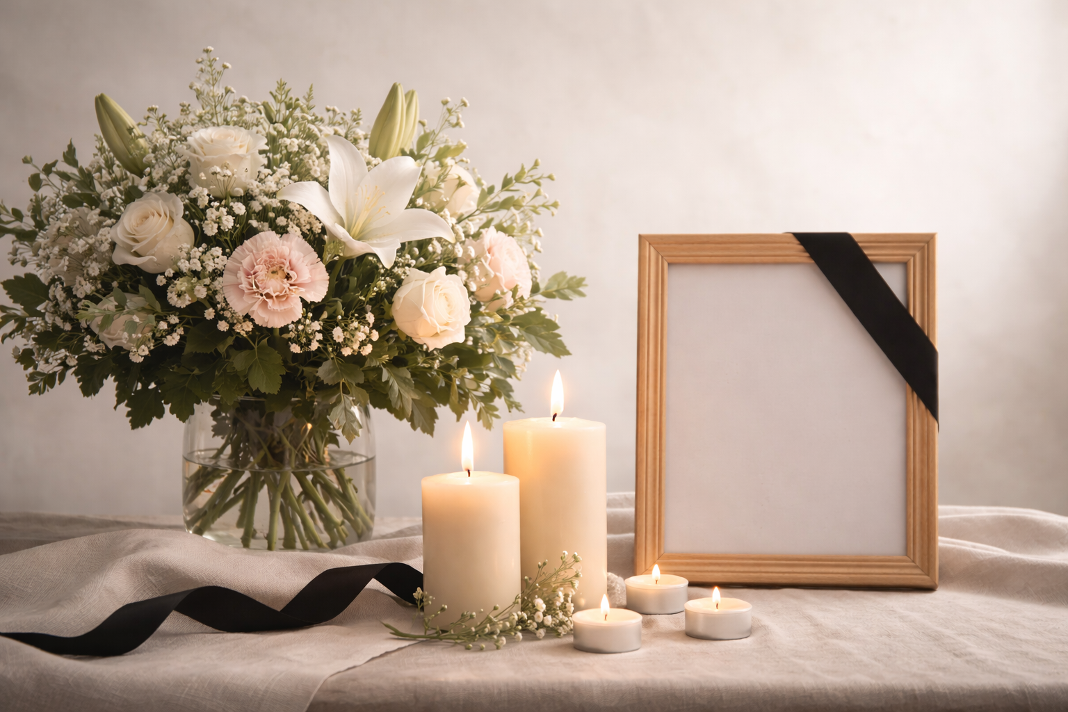 Организация социальных похорон в Чусовом: сдержанная композиция с траурными элементами (цветы, свечи), нейтральный фон, мягкий свет