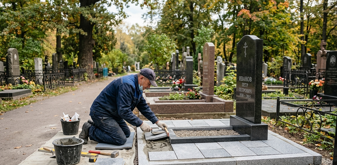 Специалист выполняет ремонт могилы — выравнивает основание, восстанавливает плитку и элементы памятника