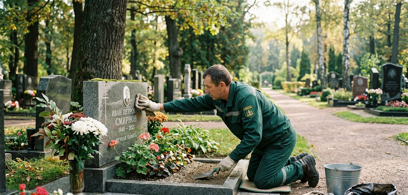 Кладбище: сотрудник аккуратно убирает могилу — очищает поверхность, выравнивает землю, приводит в порядок цветы и памятник