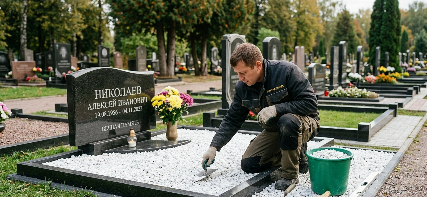 Специалист выполняет укладку мраморной крошки на могиле, равномерно распределяет материал
