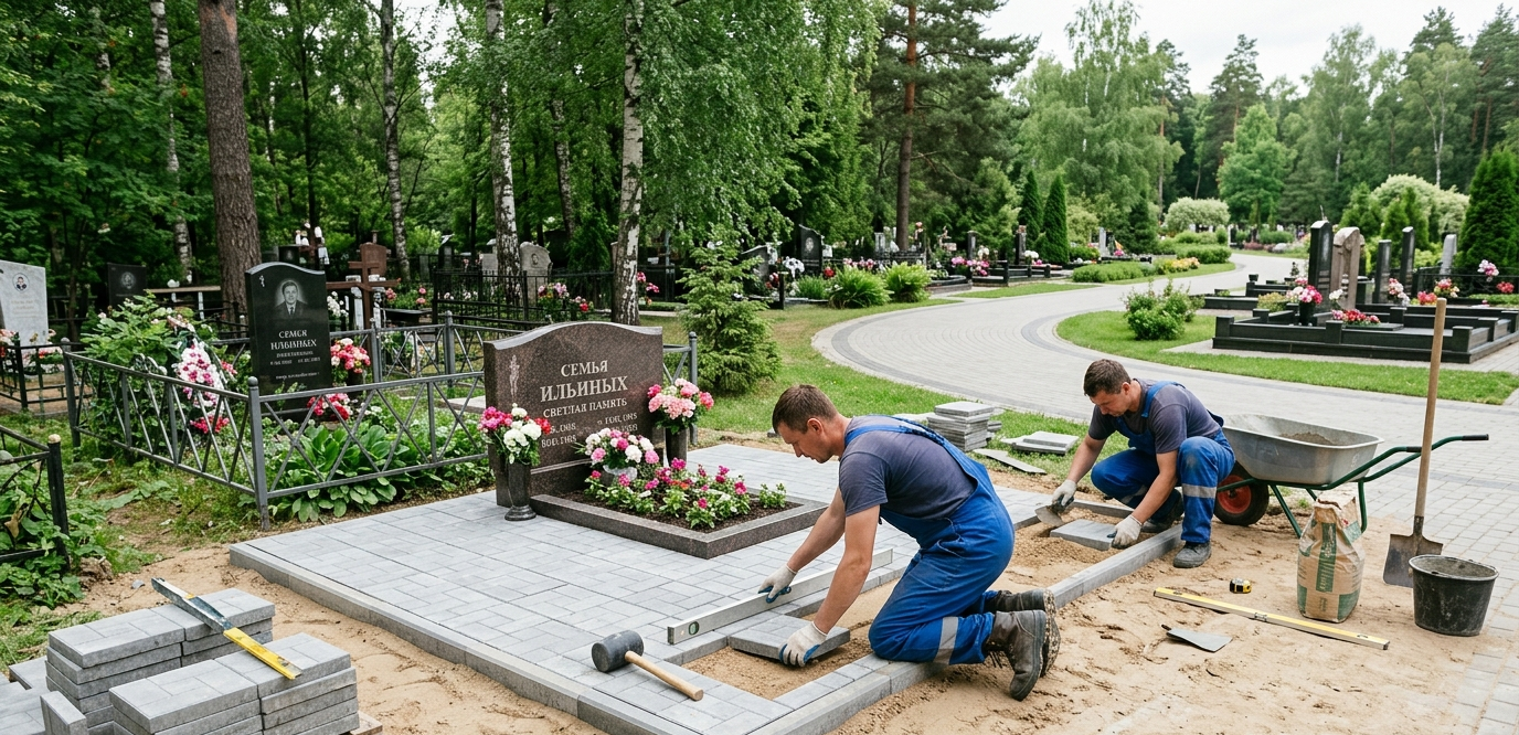 Кладбище: мастера выполняют укладку плитки вокруг могилы, инструменты и материалы в процессе работы