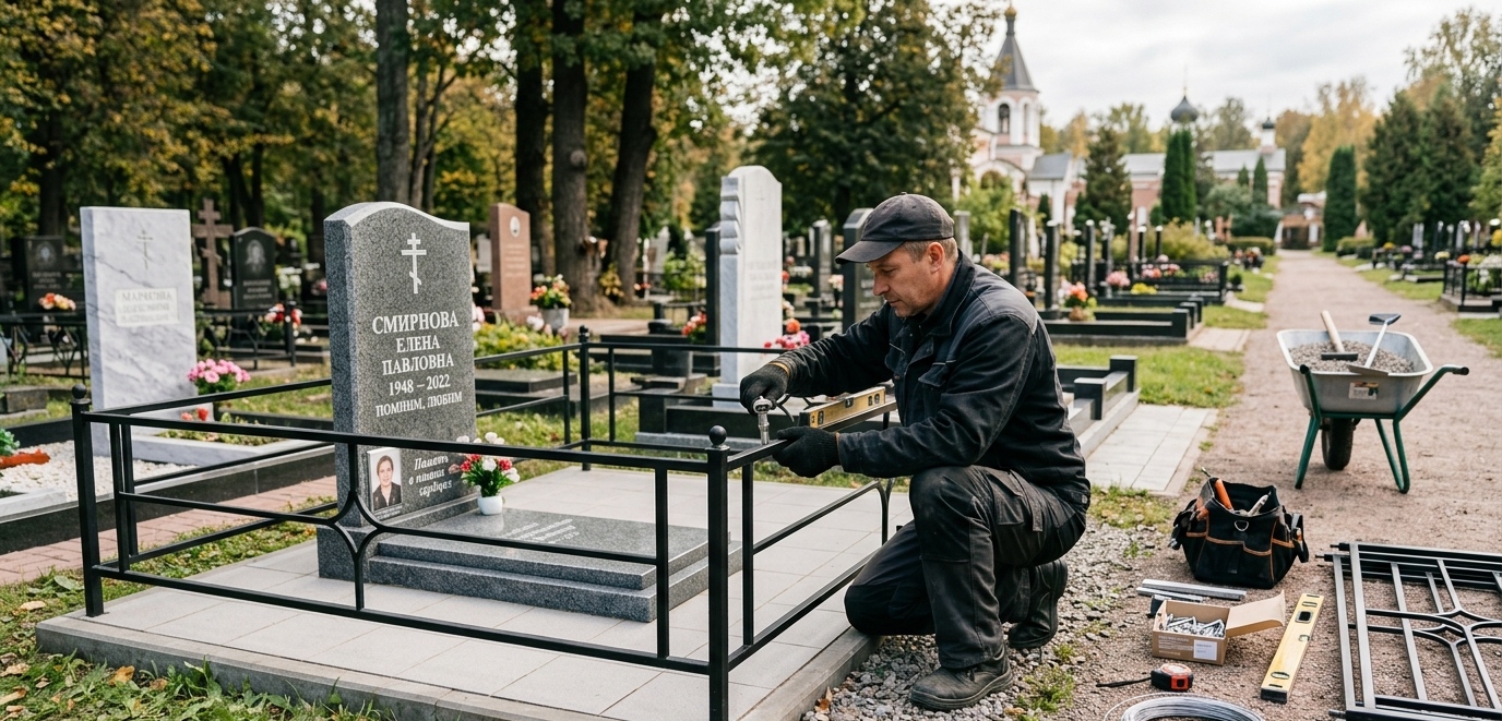 Кладбище: мастер устанавливает металлическую ограду вокруг могилы, аккуратный монтаж, инструменты и материалы рядом