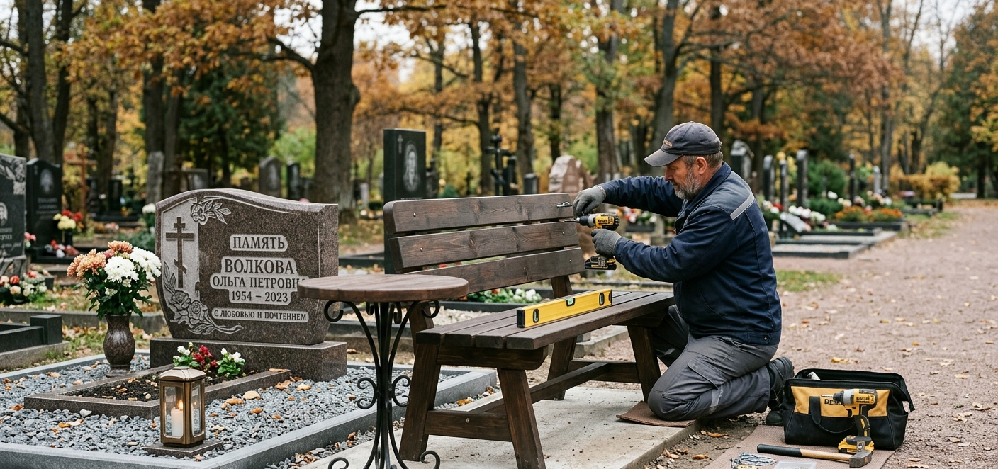 Мастер устанавливает скамейку и небольшой столик рядом с могилой
