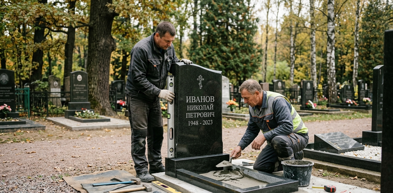 Кладбище: специалисты устанавливают памятник из камня на кладбище Чусового, аккуратная обработка материала, инструменты