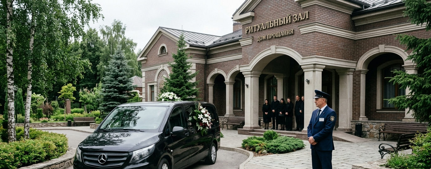 К ритуальному зданию подъезжает катафалк, рядом дежурит водитель в форменной одежде