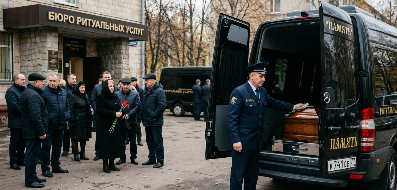 Водитель в форменной одежде готовит ритуальный автобус