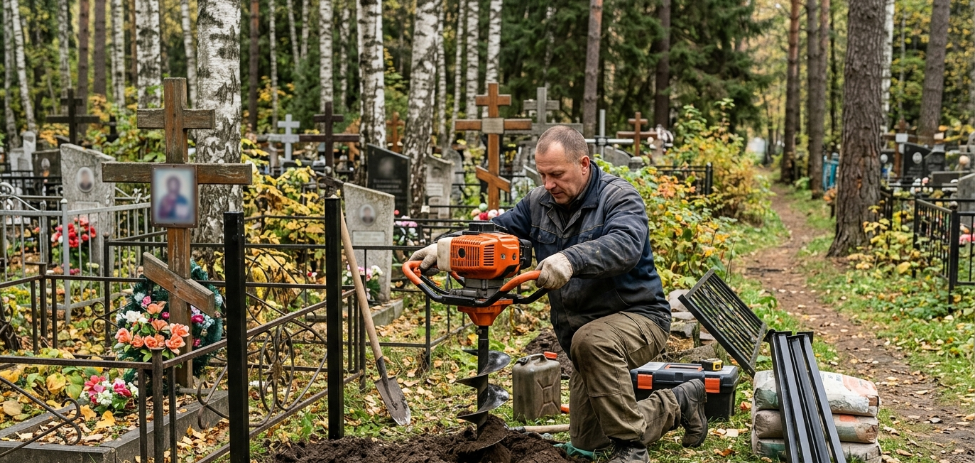 Мастер бурит яму для будущего бетонирования опор ограды на могилу в Чусовом